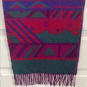 Vintage Aztec Southwestern Purple Teal Scarf Wrap with Fringe. Made in Germany